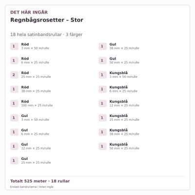 Det här ingår – Satinbandspaket – Regnbågsrosetter – Stor – 18 rullar