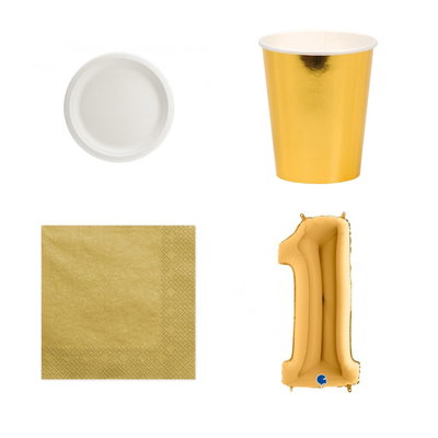 11-årskalas, Vitt och guld, kalaspaket, 6 gäster – paketets produkter med sifferballong 100 cm