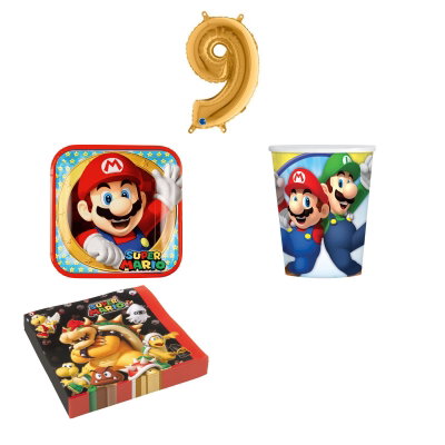 9-årskalas, Super Mario, kalaspaket, 8 gäster – sammansatt produktbild