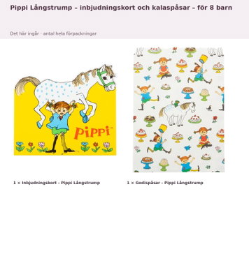Pippi Långstrump – inbjudningskort och kalaspåsar – för 8 barn – innehåll och antal