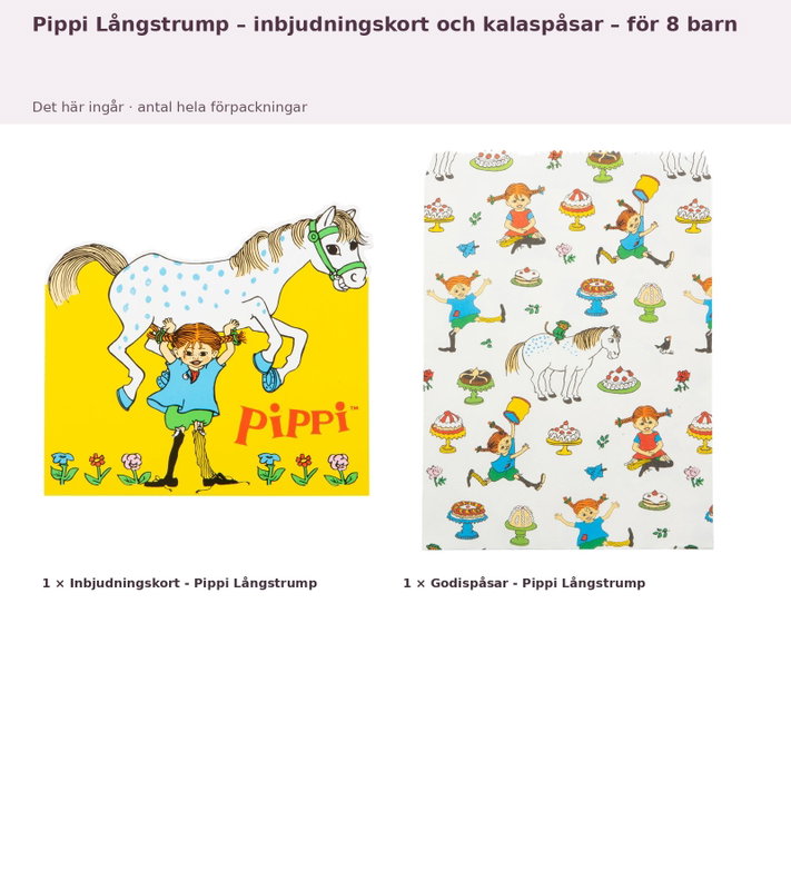 Pippi Långstrump – inbjudningskort och kalaspåsar – för 8 barn – innehåll och antal