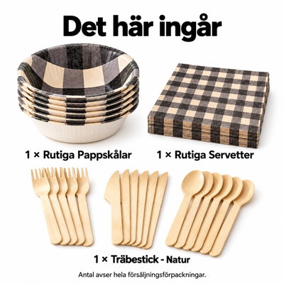 Salladsmiddag för sex – skålar, bestick och servetter – innehåll och antal försäljningsförpackningar