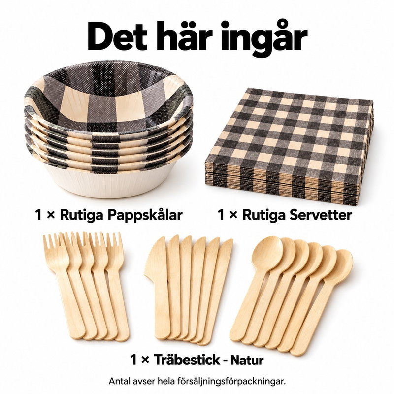 Salladsmiddag för sex – skålar, bestick och servetter – innehåll och antal försäljningsförpackningar