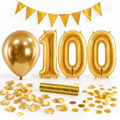 100-års festpaket, Guld, Stor – paketets dekorationer på vit bakgrund