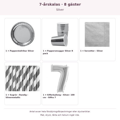 7-årskalas, Silver, kalaspaket, 8 gäster – innehåll och antal förpackningar