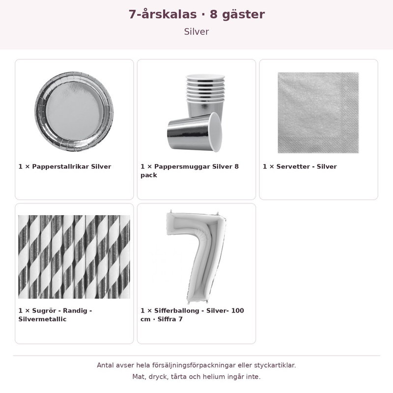 7-årskalas, Silver, kalaspaket, 8 gäster – innehåll och antal förpackningar