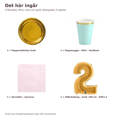 2-årskalas, Mint, rosa och guld, kalaspaket, 6 gäster – innehåll och antal, sifferballong 100 cm