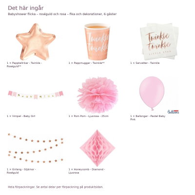 Babyshower flicka – roséguld och rosa – fika och dekorationer, 6 gäster – innehåll och antal förpackningar