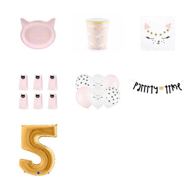 5-årskalas, Kattkalas, kalaspaket, 6 gäster – paketets produkter med sifferballong 100 cm