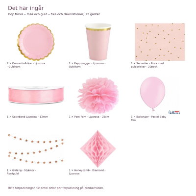 Dop flicka – rosa och guld – fika och dekorationer, 12 gäster – innehåll och antal förpackningar