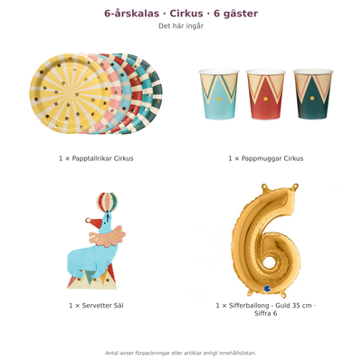 6-årskalas, Cirkus, kalaspaket, 6 gäster – innehåll och antal förpackningar