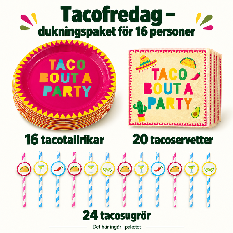 Tacofredag – dukningspaket för 16 personer – innehåll och antal