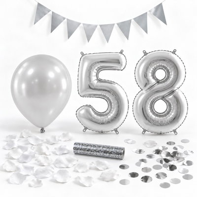 58-års festpaket, Silver, Stor – paketets dekorationer på vit bakgrund