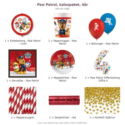 Paw Patrol, kalaspaket, 4år – innehåll och antal förpackningar