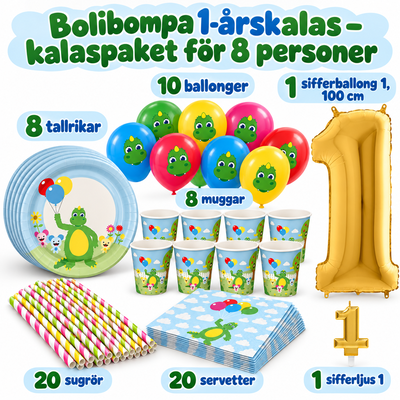 Bolibompa 1-årskalas – kalaspaket för 8 personer – paketets innehåll och antal