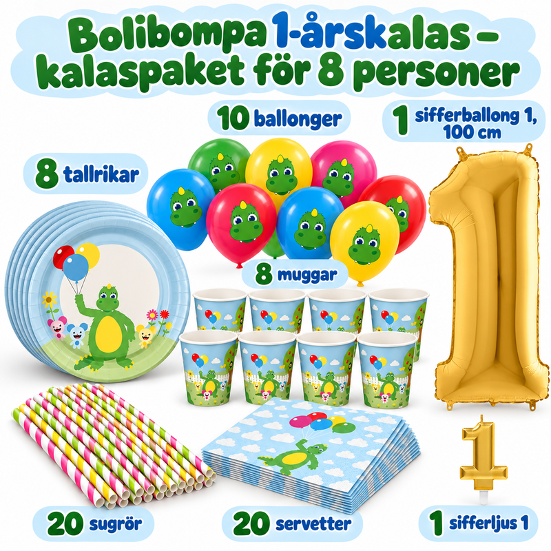 Bolibompa 1-årskalas – kalaspaket för 8 personer – paketets innehåll och antal