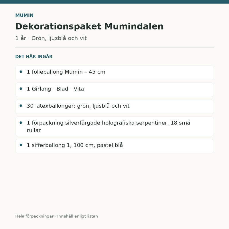 Mumin 1 år – dekorationspaket Mumindalen – innehåll och antal
