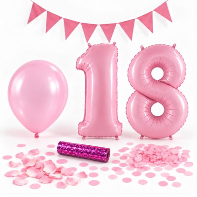 18-års festpaket, Rosa, Stor – paketets dekorationer på vit bakgrund