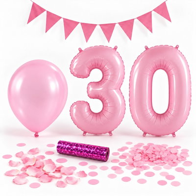 30-års festpaket, Rosa, Stor – paketets dekorationer på vit bakgrund