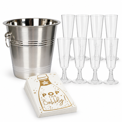 Produktöversikt: Välkomstskål för åtta – kylhink, glas och flaskservetter