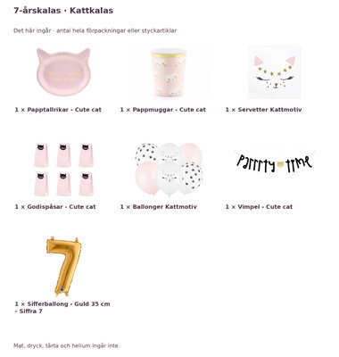 7-årskalas, Kattkalas, kalaspaket, 6 gäster – innehåll och antal förpackningar