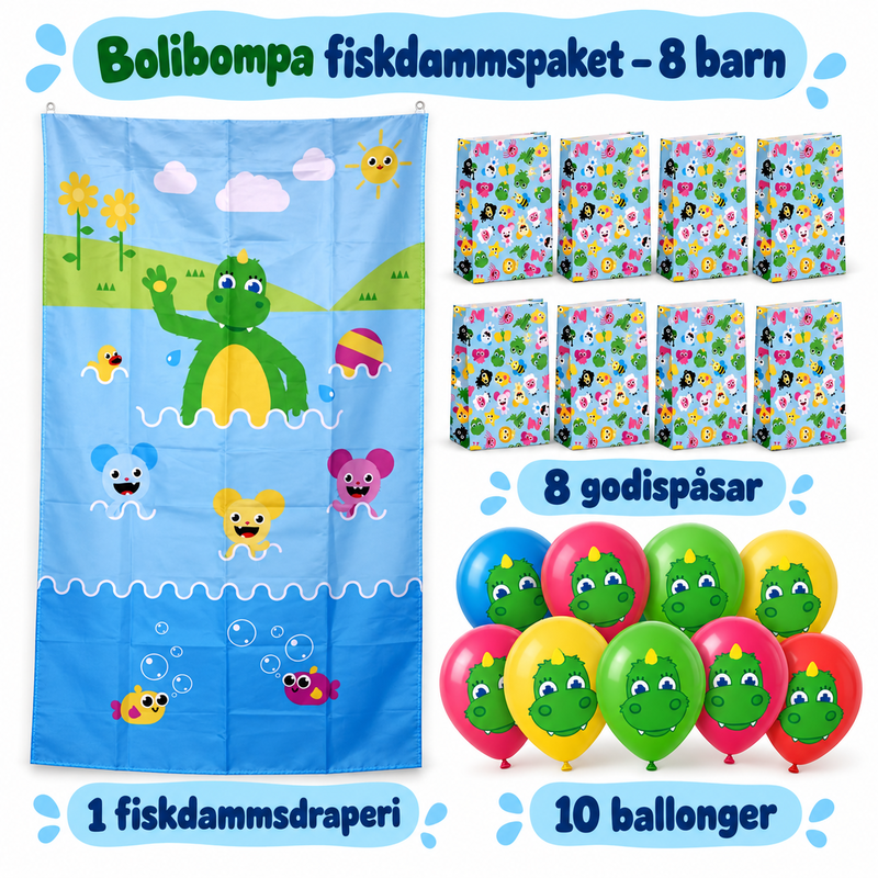 Bolibompa fiskdammspaket – 8 barn – innehåll och antal