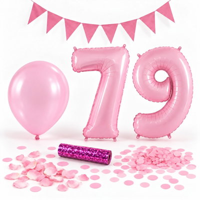 79-års festpaket, Rosa, Stor – paketets dekorationer på vit bakgrund