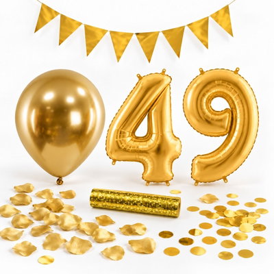49-års festpaket, Guld, Stor – paketets dekorationer på vit bakgrund