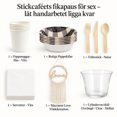 Stickcaféets fikapaus för sex – låt handarbetet ligga kvar – innehåll och antal försäljningsförpackningar