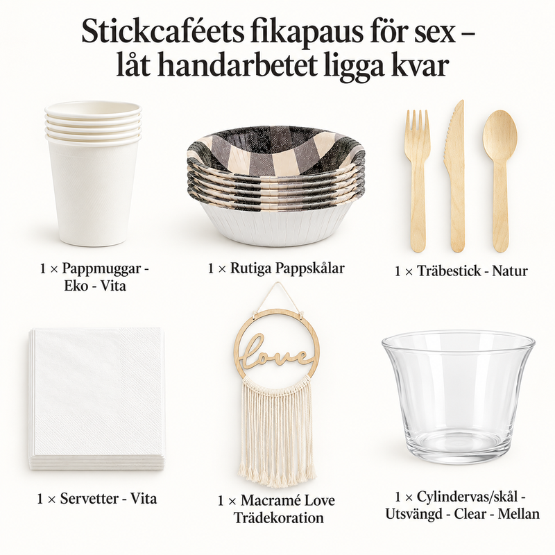 Stickcaféets fikapaus för sex – låt handarbetet ligga kvar – innehåll och antal försäljningsförpackningar