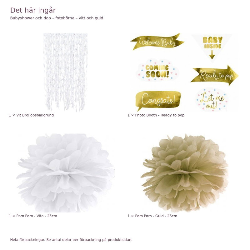 Babyshower och dop – fotohörna – vitt och guld – innehåll och antal förpackningar