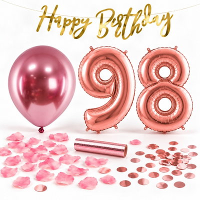 98-års festpaket, Roséguld, Stor – paketets dekorationer på vit bakgrund