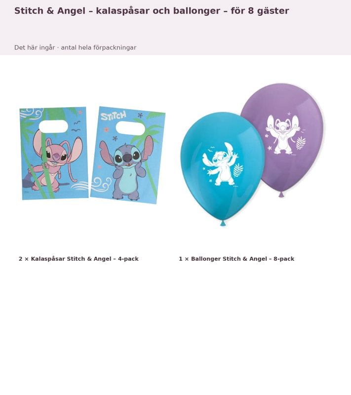 Stitch & Angel – kalaspåsar och ballonger – för 8 gäster – innehåll och antal