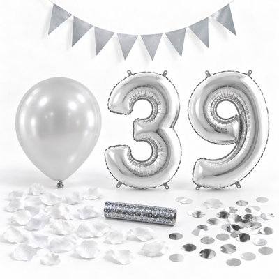 39-års festpaket, Silver, Stor – paketets dekorationer på vit bakgrund
