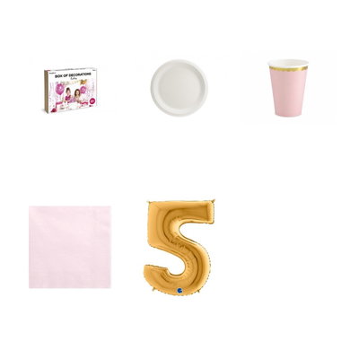 5-årskalas, Prinsesskalas, kalaspaket, 6 gäster – paketets produkter med sifferballong 100 cm