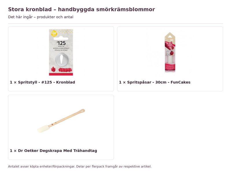 Stora kronblad – handbyggda smörkrämsblommor – innehåll och antal förpackningar