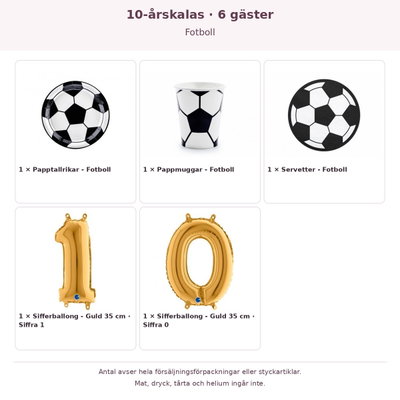 10-årskalas, Fotboll, kalaspaket, 6 gäster – innehåll och antal förpackningar