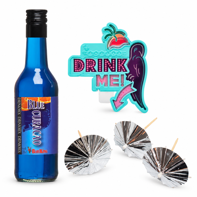 Blå drinkhörna – Blue Curacao, blinkande skylt och silverparaplyer