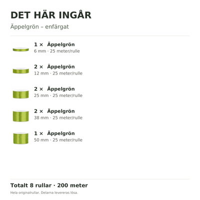 Det här ingår – Satinbandspaket – Äppelgrön – 8 rullar