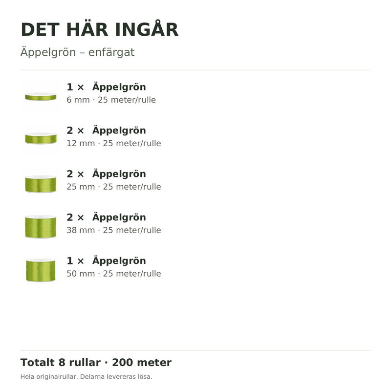 Det här ingår – Satinbandspaket – Äppelgrön – 8 rullar