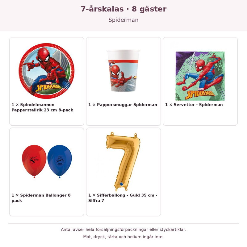 7-årskalas, Spiderman, kalaspaket, 8 gäster – innehåll och antal förpackningar