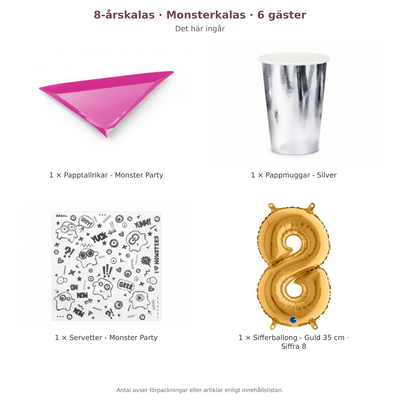 8-årskalas, Monsterkalas, kalaspaket, 6 gäster – innehåll och antal förpackningar
