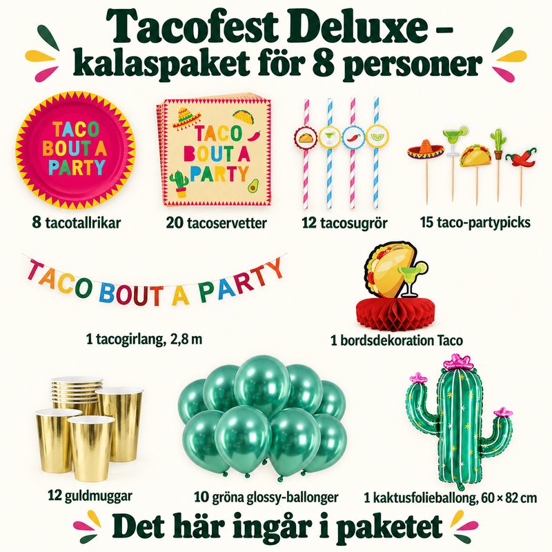 Tacofest Deluxe – kalaspaket för 8 personer – innehåll och antal
