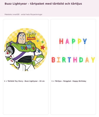Buzz Lightyear – tårtpaket med tårtbild och tårtljus – innehåll och antal