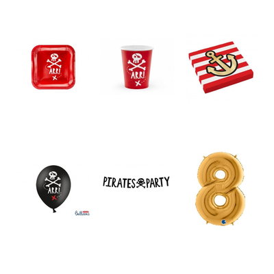 8-årskalas, Piratkalas, kalaspaket, 6 gäster – paketets produkter med sifferballong 100 cm