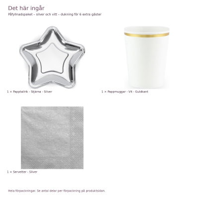 Påfyllnadspaket – silver och vitt – dukning för 6 extra gäster – innehåll och antal förpackningar