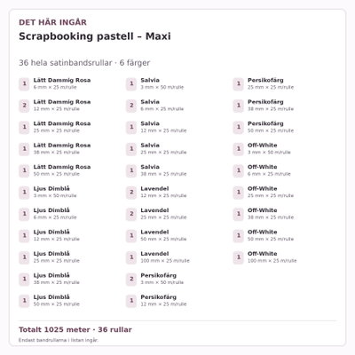 Det här ingår – Satinbandspaket – Scrapbooking pastell – Maxi – 36 rullar