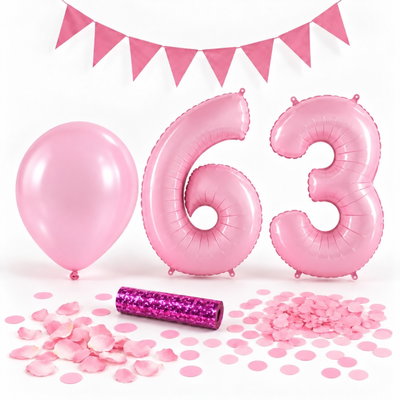 63-års festpaket, Rosa, Stor – paketets dekorationer på vit bakgrund