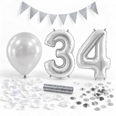 34-års festpaket, Silver, Stor – paketets dekorationer på vit bakgrund