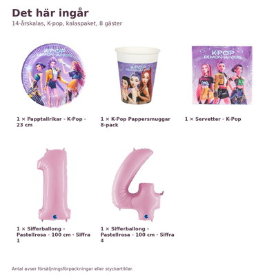 14-årskalas, K-pop, kalaspaket, 8 gäster – innehåll och antal, sifferballong 100 cm